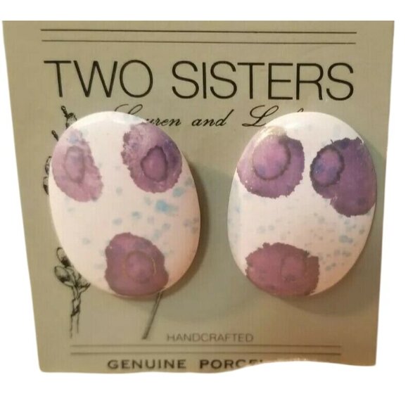 Vintage Two Sisters Genuine Porcelain Earrings Hand crafted Chunky Eighties - Picture 3 of 4